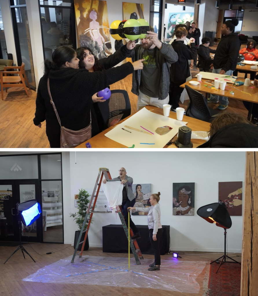 Images of students taking part in an egg drop experiment at the Idea Foundry